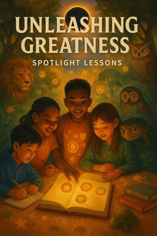 Cover image for Spotlight Lessons PDF featuring students reading and fire-lit mountain imagery.