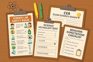 A stack of science worksheets and quizzes on a teacher’s desk, including lab safety rules, CER forms, and vocabulary guides.