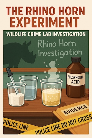 Three beakers with powders and liquids, a bottle labeled phosphoric acid, and a chalkboard reading “Rhino Horn Investigation” with police tape and an evidence folder.