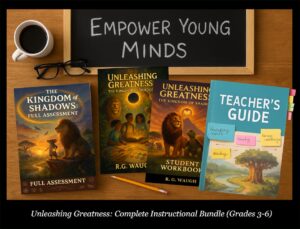Unleashing Greatness Complete Instructional Bundle for Grades 3–6, including student workbook, teacher's guide, novel, and assessment suite