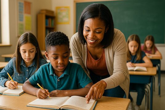 teacher teaching student in the classroom