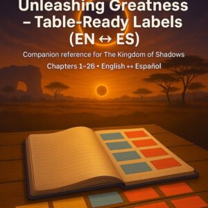 Cover: Table-Ready Labels EN-ES β notebook, index cards, eclipse over savanna