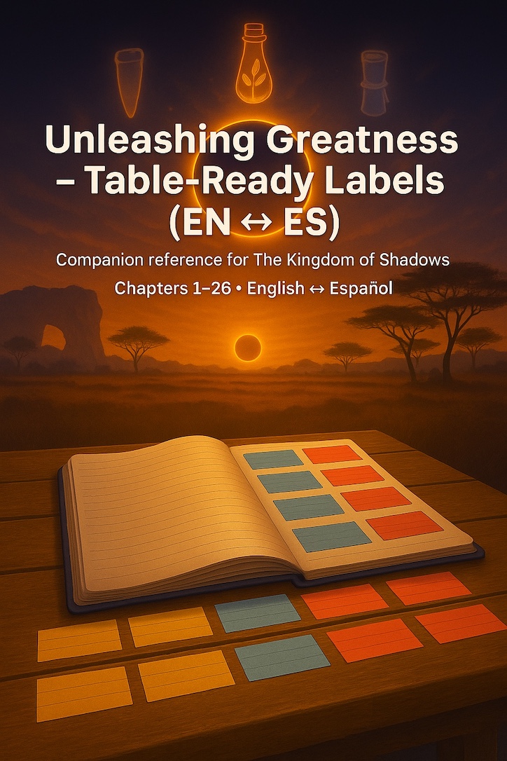 Cover: Table-Ready Labels EN-ES — notebook, index cards, eclipse over savanna