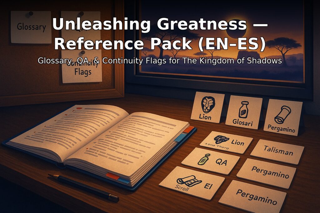 Cover of Unleashing Greatness — Reference Pack (EN–ES): Glossary, QA & Continuity Flags