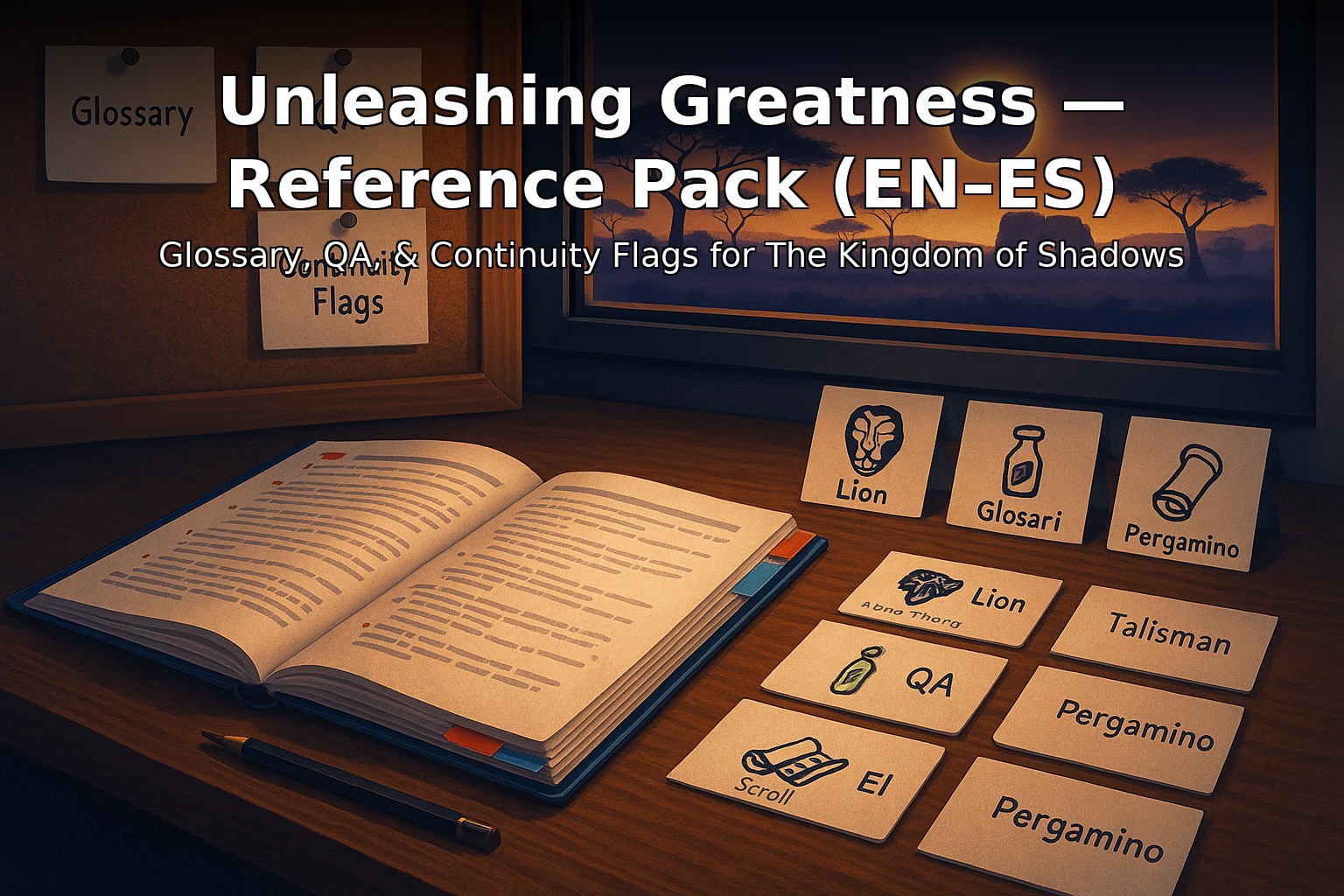 Cover of Unleashing Greatness — Reference Pack (EN–ES): Glossary, QA & Continuity Flags