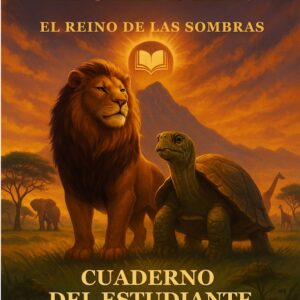 Portada del Cuaderno del Estudiante en español de ‘Unleashing Greatness: El Reino de las Sombras’, con un león y una tortuga frente a una montaña al amanecer.