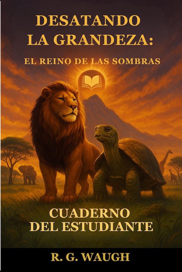 Portada del Cuaderno del Estudiante en español de ‘Unleashing Greatness: El Reino de las Sombras’, con un león y una tortuga frente a una montaña al amanecer.