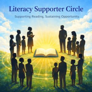 Literacy Supporter Circle image. people circling an openned book in support of Reading Proficiency.