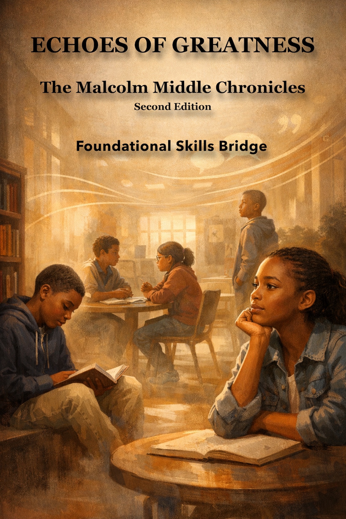 Book cover for Echoes of Greatness: Foundational Skills Bridge, an educational companion guide supporting middle school literacy and comprehension.