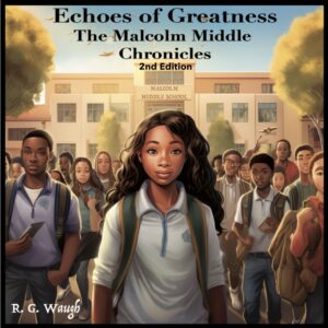 Cover of Echoes of Greatness: The Malcolm Middle Chronicles, a middle school novel featuring thoughtful African-American students in a school setting
