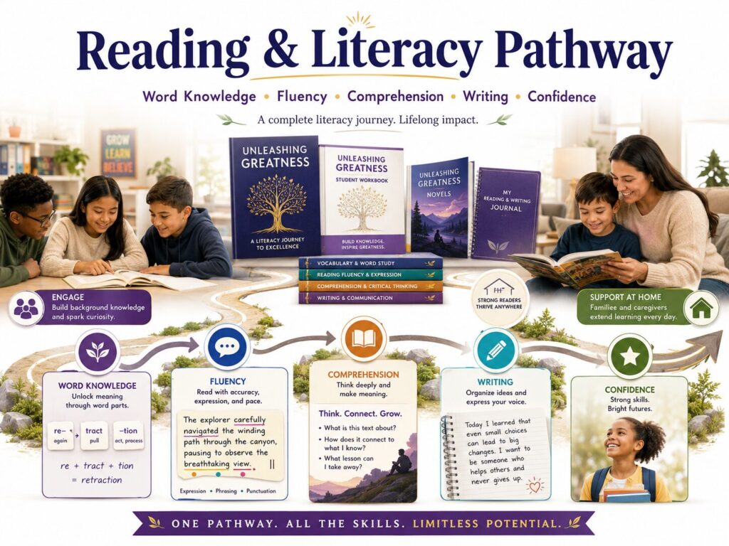and literacy pathway showing word knowledge, fluency, comprehension, writing, and confidence.