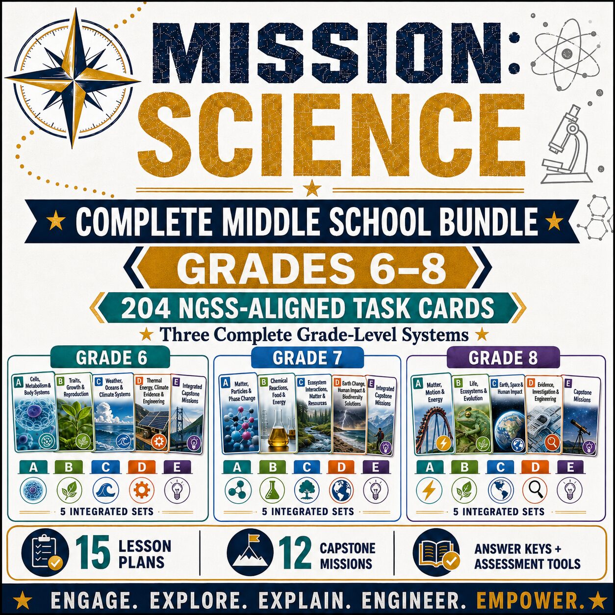 Mission: Science Grades 6–8 Bundle | 204 NGSS-Aligned Science Task Cards