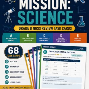 Mission Science Grade 8 NGSS Review Task Cards with 68 middle school science challenges